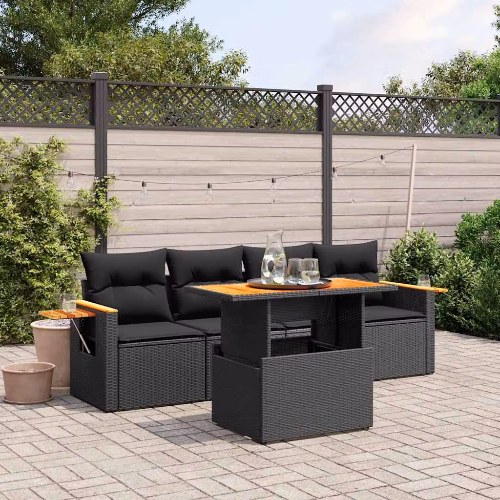 vidaXL Set Divani da Giardino 5 pz in Polyrattan Nero con Cuscini e Tavolino da Caffè – 1