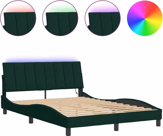 Letto matrimoniale | Letto per adulti | Giroletto con LED senza Materasso Hanko Verde Scuro 140x200 cm in Velluto