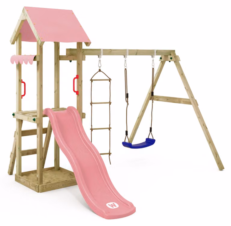 Torre giochi Wickey TinyCabin con altalena e sabbiera in rosa chiaro