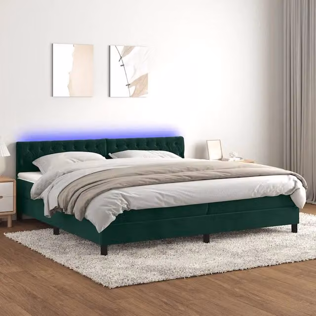 Letto matrimoniale con materasso ibrido vidaXL in velluto verde scuro con illuminazione LED sottostante e porta USB, L/P: 200 x 200 cm – 1
