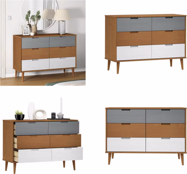 vidaXL Cassettiera MOLDE Brown 113x40x80 cm in pino massiccio - Cassettiera - Cassettiere - Cassettiera - Cassettiera - Cassettone