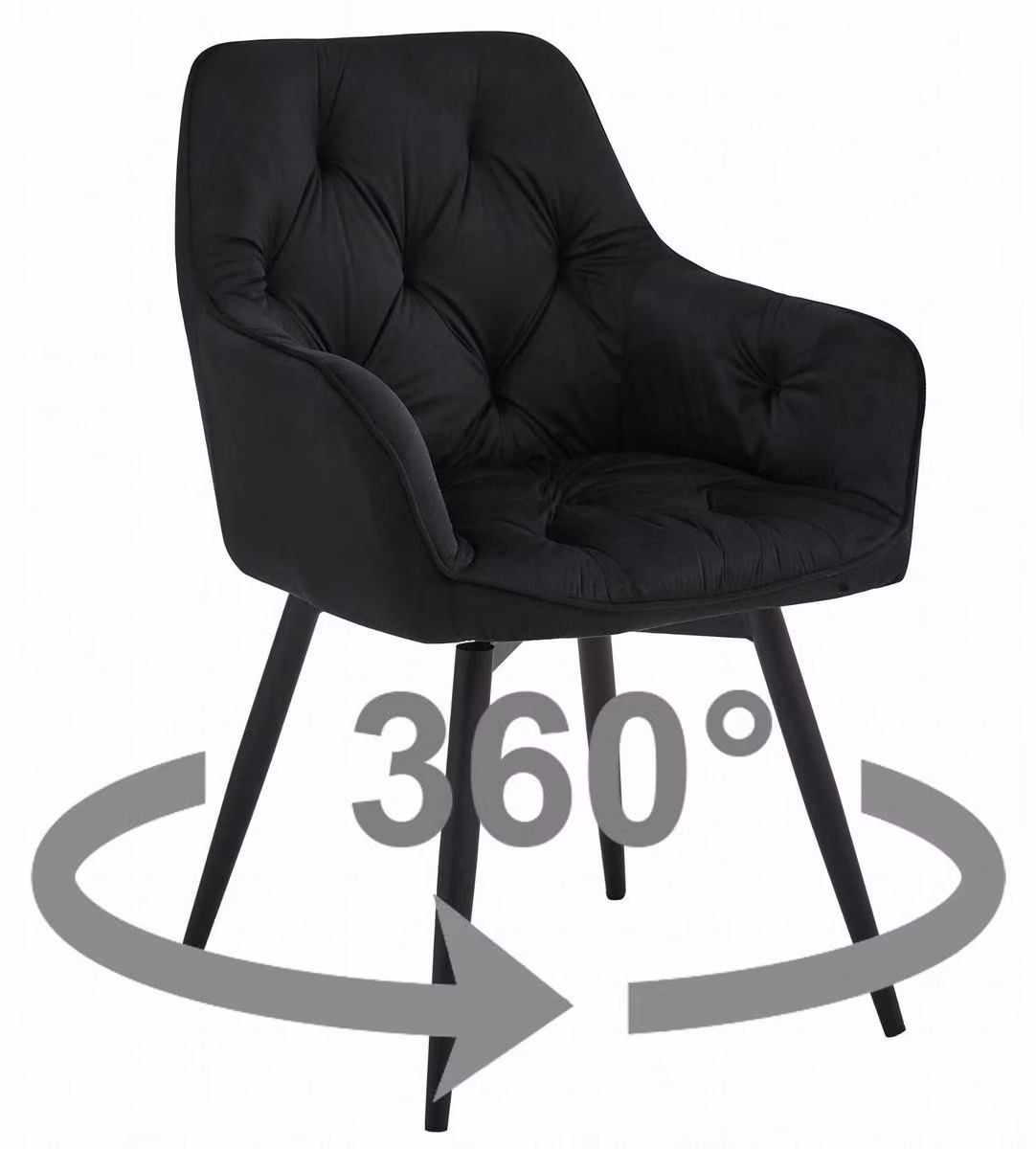 Sedia Girevole JORK360 in Velluto Nero con Gambe in Metallo
