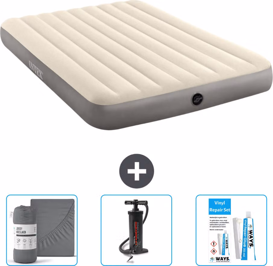 Letto gonfiabile Intex - 2 persone - 152 x 203 x 25 cm - Beige - lenzuolo incluso - pompa e kit di riparazione