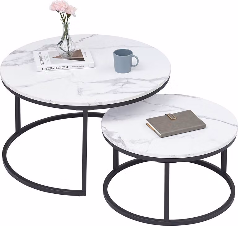 Tavolino Happyment Luxe bianco - look marmo - set di 2 - stile country - soggiorno - struttura nera - rotondo - 60 e 40cm