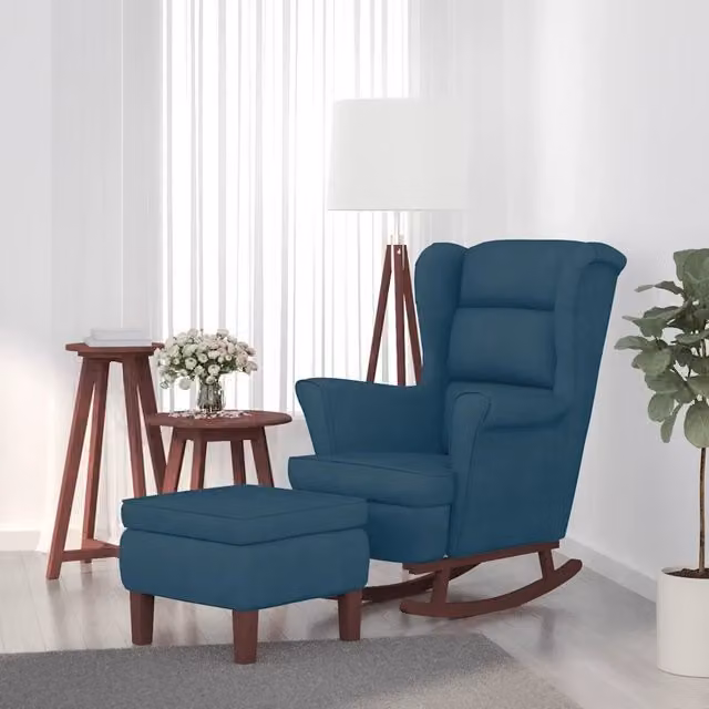 Sedia a dondolo con schienale alto in velluto blu e pouf vidaXL con struttura in legno massiccio – 1