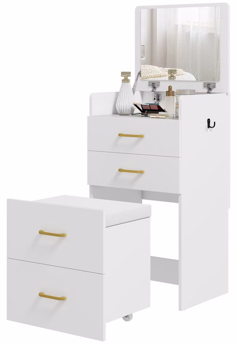 HOMCOM Tavolino da trucco 3 in 1 con sgabello, tavolino da toeletta con specchio, 3 cassetti