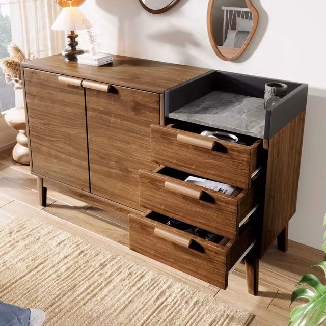 Credenza con 2 ante, 3 cassetti e vano aperto, ripiano regolabile, per soggiorno, rovere scuro, 120 × 40 × 77 cm