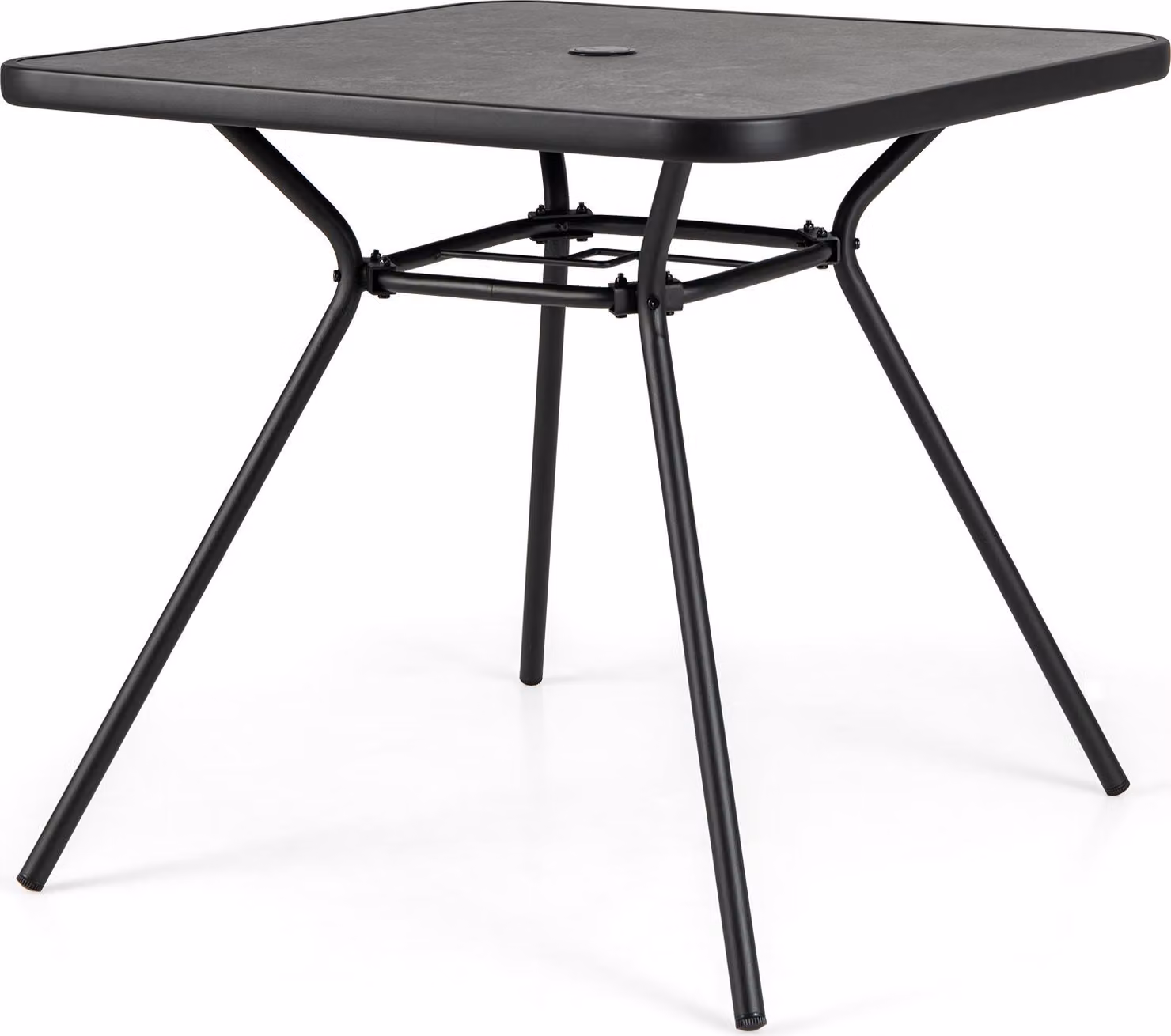 Tavolo da giardino quadrato con piano in SPC e foro per ombrellone, robusta struttura in metallo, tavolo da pranzo da esterno, nero, 80 x 80 x 72,5 cm