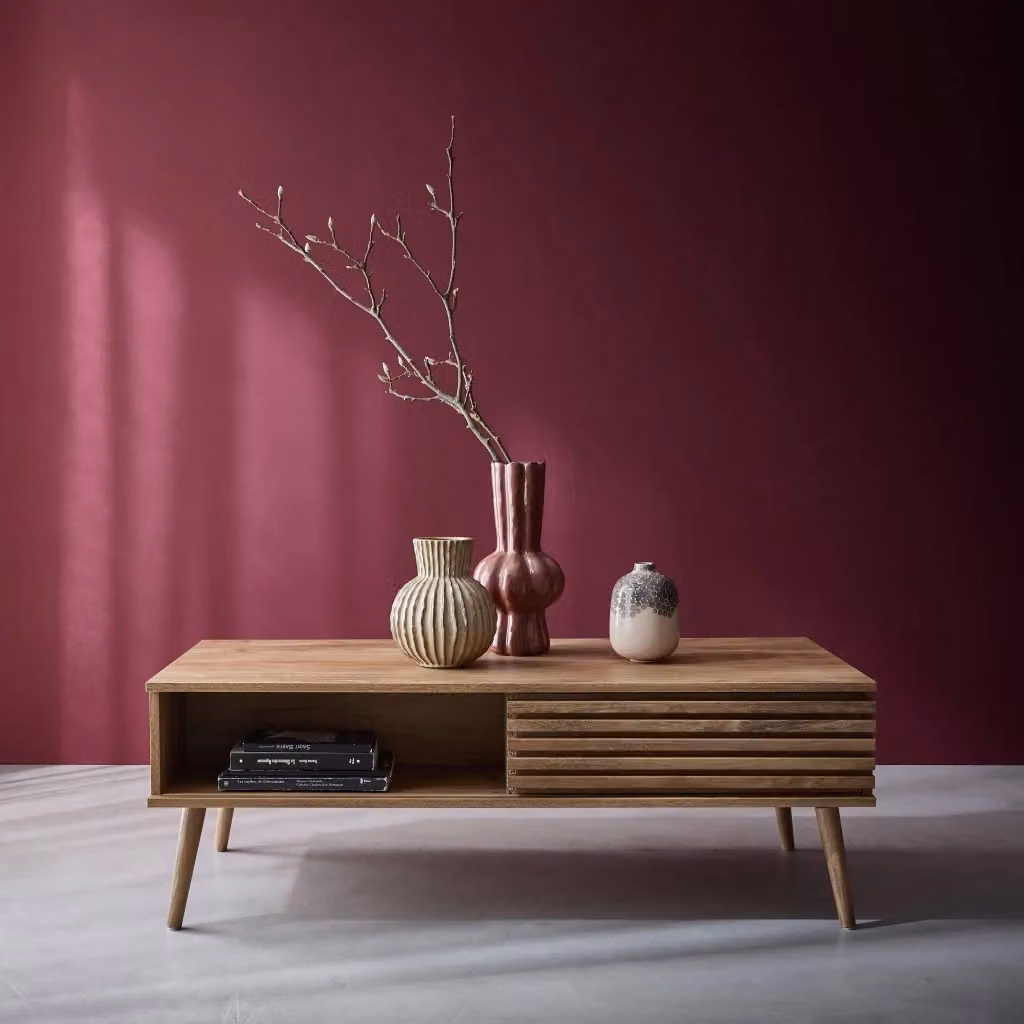 Tavolino scandinavo Sweeek con ante scorrevoli e decoro in legno scanalato, marrone, L: 74 cm, P: 30 cm, H: 59 cm – 2