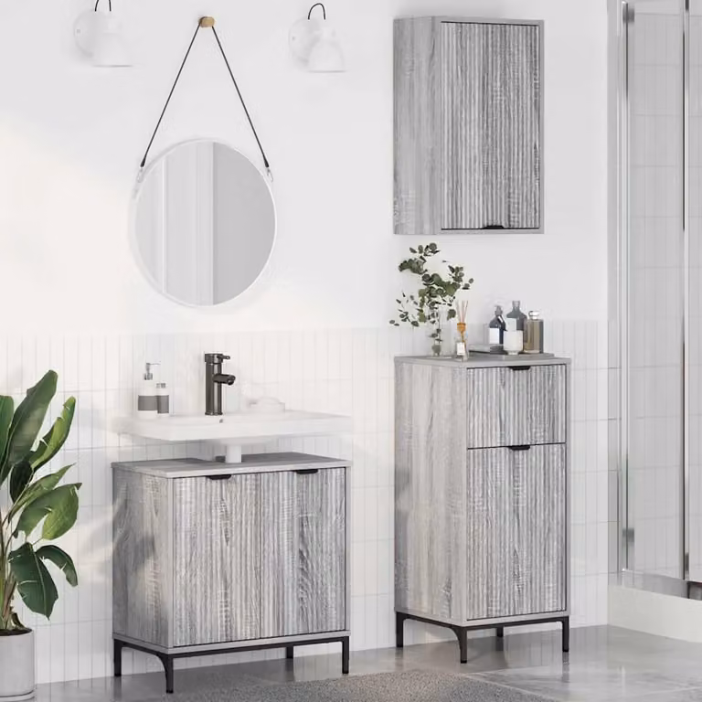 Set di mobili per il bagno moderno vidaXL composto da 3 pezzi in grigio e nero con vanità, mobile laterale e colonna alta