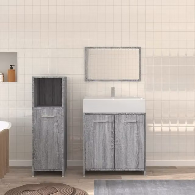 Set Mobili da Bagno 3 Pezzi vidaXL in Legno Grigio con Mobile Lavabo, Pensile e Armadietto Laterale