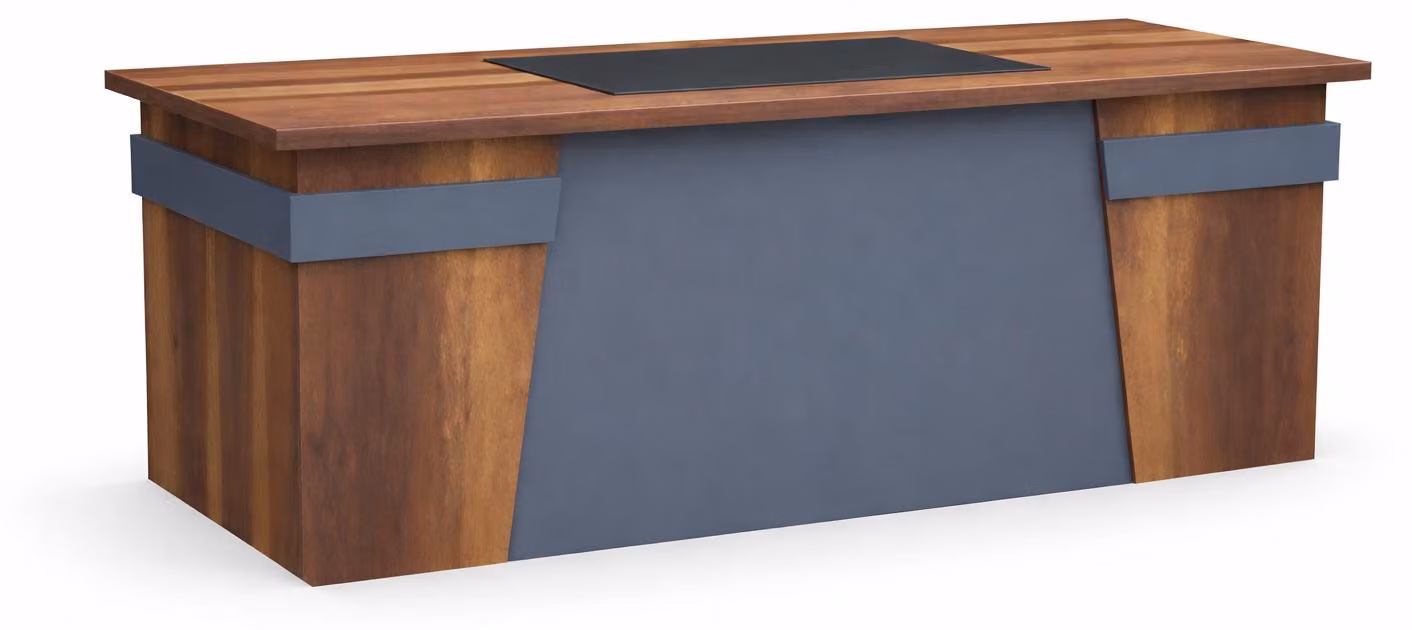 Scrivania da ufficio dal design moderno, grigia, con struttura in legno marrone, tinta unita
