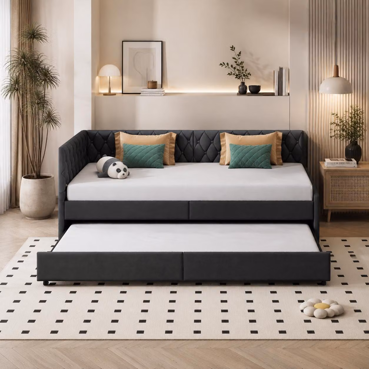 Divano letto INONEFT, 90x200 cm, con meccanismo estraibile, trasformabile in letto singolo imbottito con rete a doghe e braccioli, rivestito in velluto, colore grigio, senza materasso