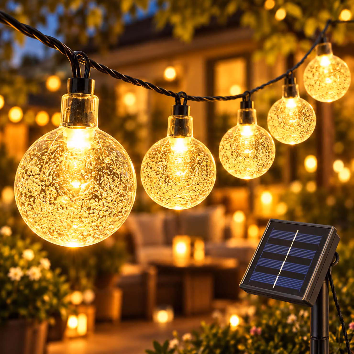 5M Luci di Fata Lampadine solari all'aperto Luci di Fata LED, Indoor Outdoor Illuminazione di Natale Giardino all'aperto Balcone Festa Decorazione, Bianco Caldo