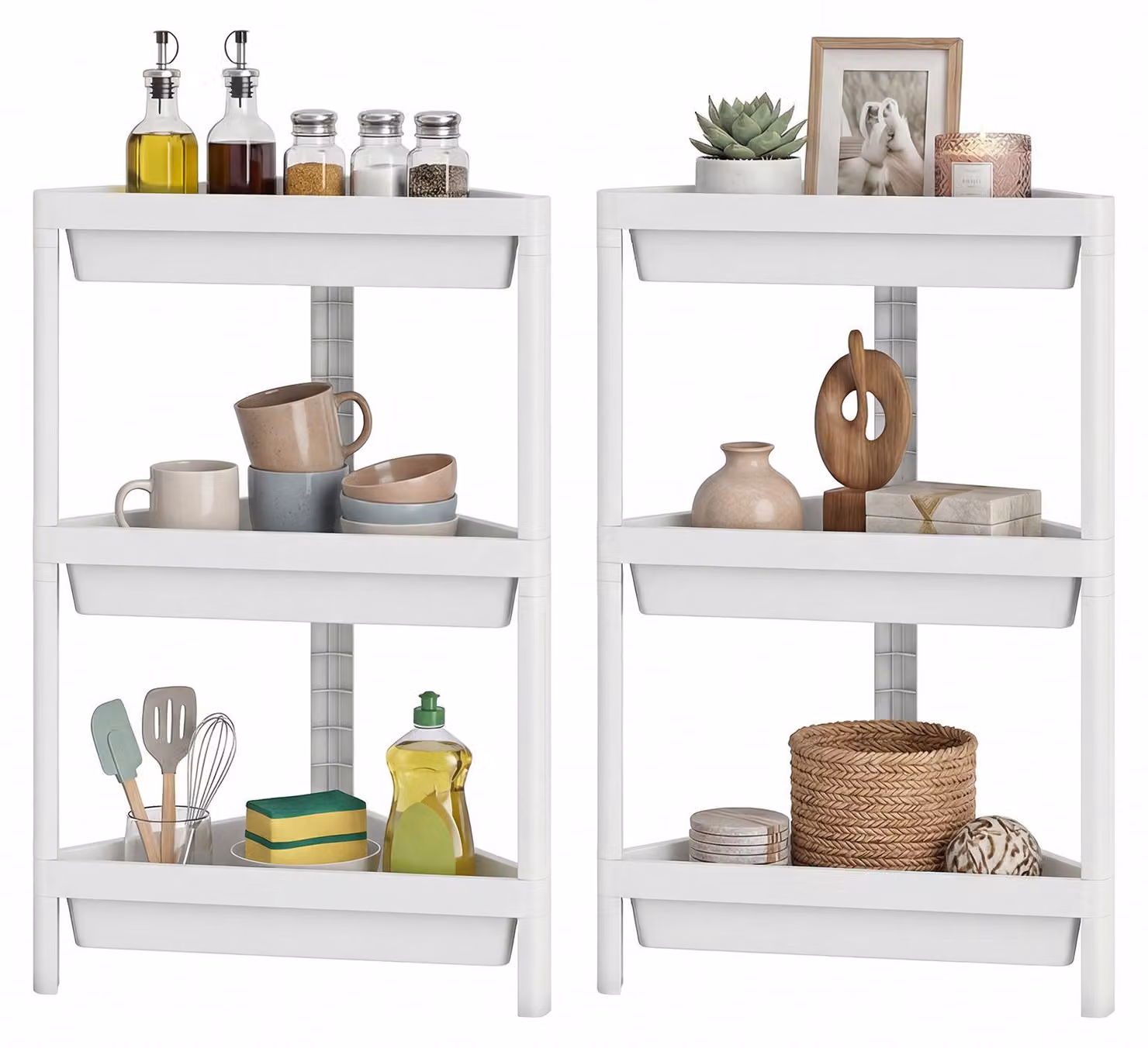 KOMFOTTEU Set di 2 scaffali angolari a 3 ripiani, organizer da bagno in plastica con fori di drenaggio, scaffale da doccia indipendente per cucina, soggiorno (bianco)
