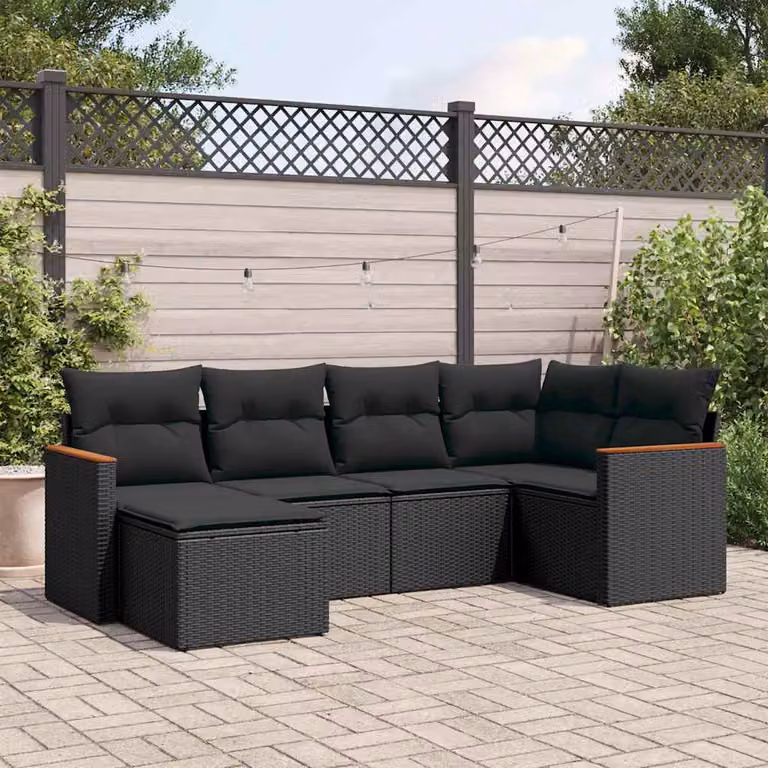 vidaXL Set Divano da Giardino Moderno a L con Ottoman 6 pz, Nero, in Polyrattan e Legno di Acacia
