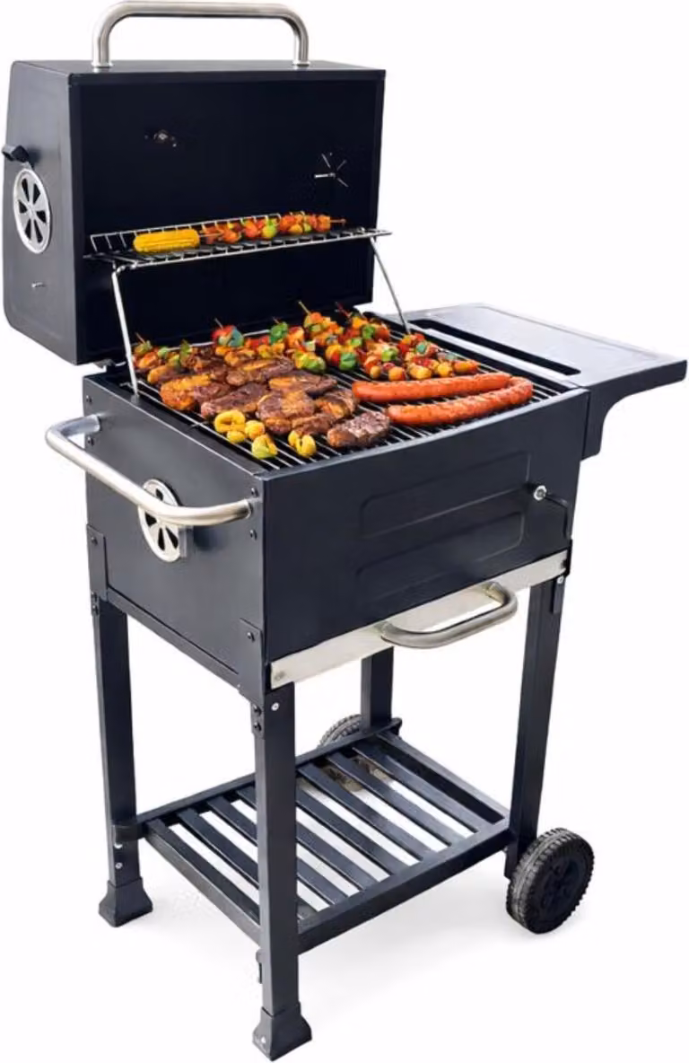 Barbecue a carbonella con coperchio e camino, doppia griglia cromata, regolazione della temperatura, cassetto raccogli cenere, ripiano laterale, robusta struttura in acciaio, cottura indiretta