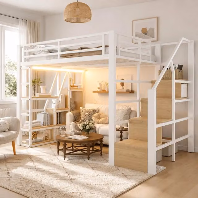 Letto a soppalco 140x200 cm con ripiani; scala contenitore e LED in metallo e MDF bianco