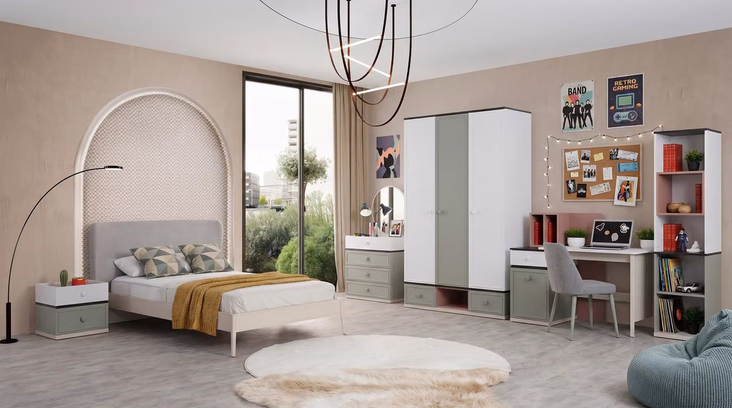 Letto, armadio, cassettiera, comodini, scrivania per camera da letto per adolescenti in tonalità grigio