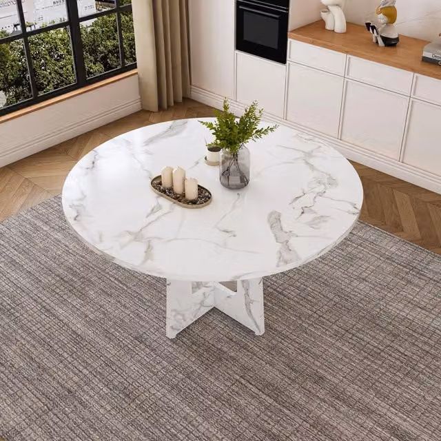 Tavolo da pranzo rotondo OKWISH in MDF con finitura effetto marmo bianco lucido, ideale per cucina e soggiorno, Ø 120 cm x H 76 cm