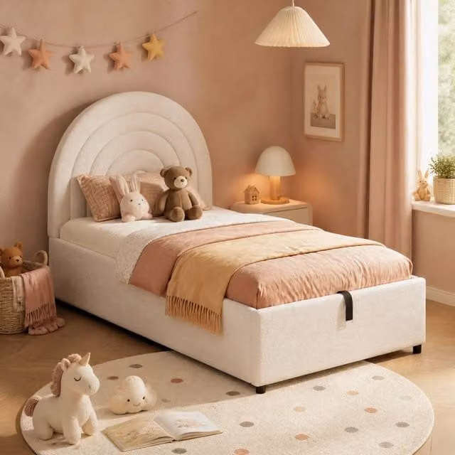 Letto imbottito 90x200 cm beige in tessuto bouclé con vano contenitore, senza materasso