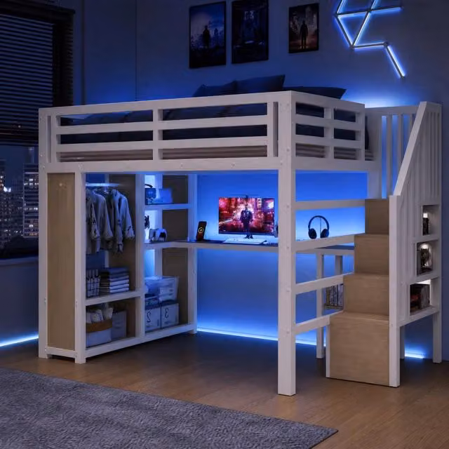 Letto a soppalco MIVRAY in metallo bianco con scrivania, armadio aperto, scala contenitore, illuminazione LED e porta USB, L/P: 140 x 200 cm – 1