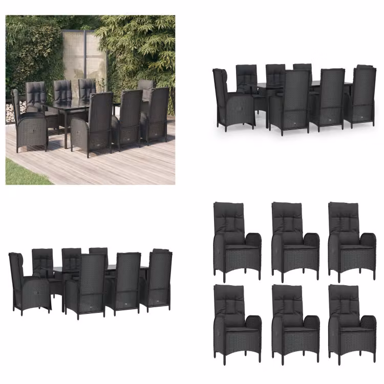 vidaXL Set da pranzo da giardino 9 pezzi con cuscini in poly rattan nero - Set da pranzo da giardino - Set da pranzo da giardino - Set da pranzo da terrazza