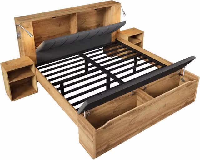Letto matrimoniale 180x200 cm in legno con testiera reclinabile in lino, comodini mobili, panca contenitore e lampade da lettura con porta USB, finitura rovere