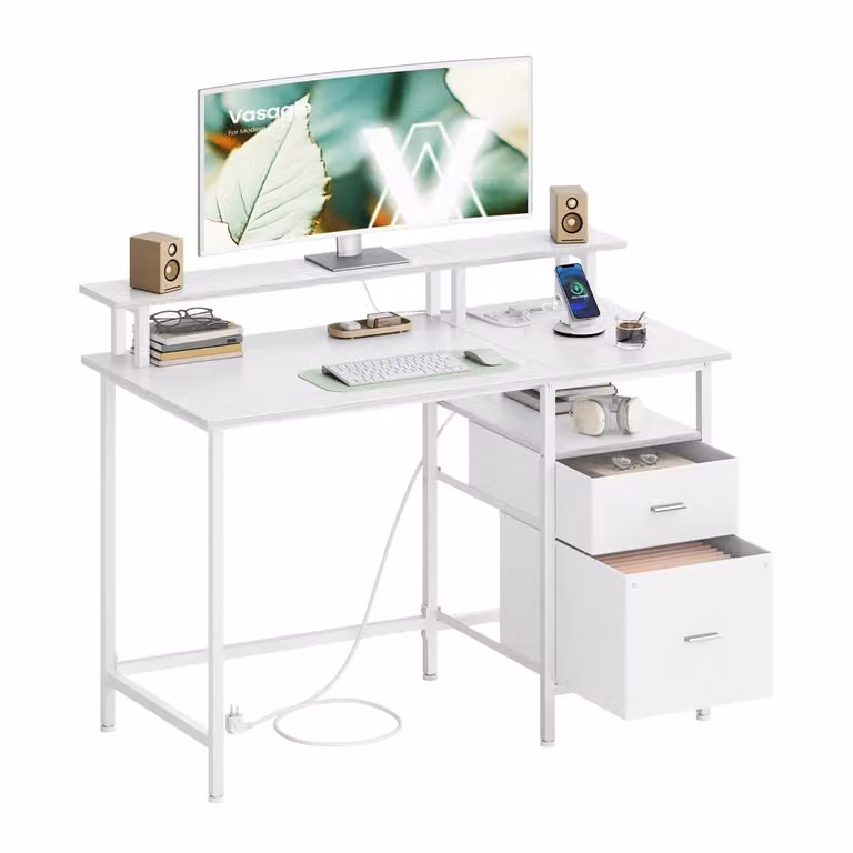 Scrivania per Computer con Luci a LED e Prese di Corrente Integrate, Bianco Acero / 120l cm