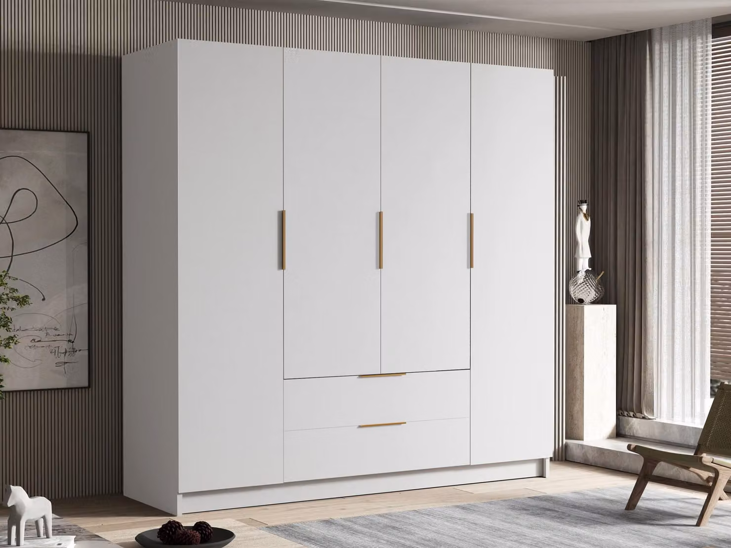 MIRJAN24 Armadio Sofia I 200, camera da letto, armadio ad ante battenti, con appendiabiti, moderno, guardaroba, maniglie in metallo (colore: bianco + oro)