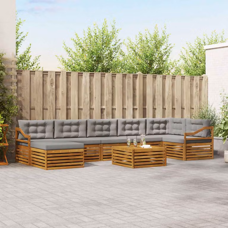 Set di divani da esterno vidaXL 8 pz in legno di acacia con cuscini e tavolino, Grigio e Marrone