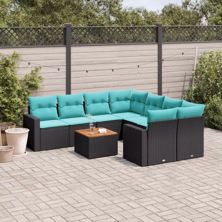 Set di divani da giardino vidaXL 9 pz in polyrattan nero con cuscini e tavolino da esterno a forma di L