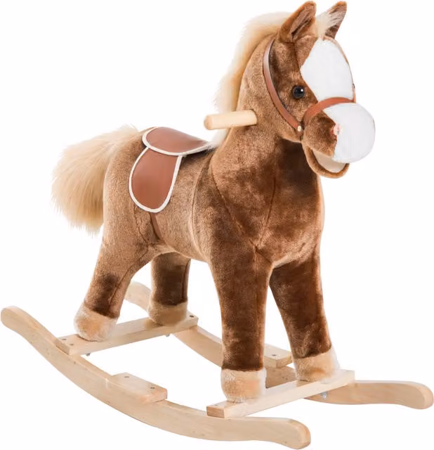 Cavallo a dondolo HOMCOM in legno e tessuto, colore marrone, L 74 cm x P 33 cm x H 62 cm – 1