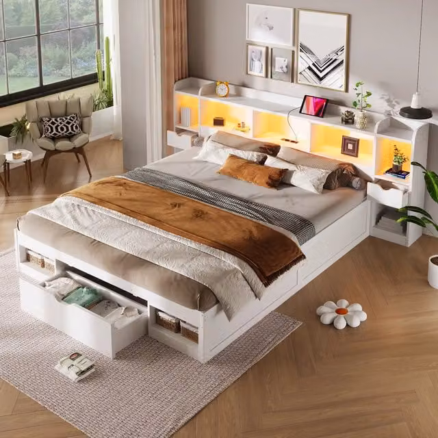 Desviae Lit coffre 180 × 200 cm 2 places avec LED, USB, vani e 3 cassetti, senza materasso, in MDF, bianco