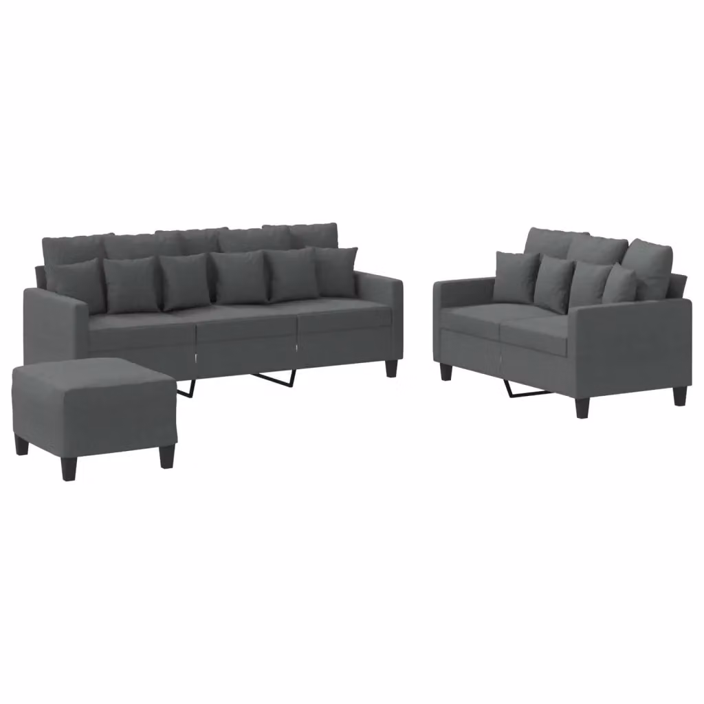 Set di divani vidaXL composto da un divano a 3 posti, un divano a 2 posti e un pouf, in tessuto grigio con cuscini inclusi per il tuo soggiorno – 2