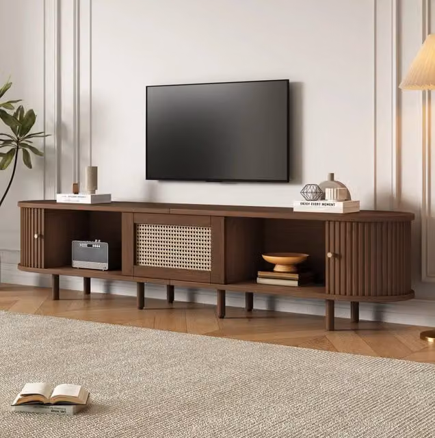 Mobile TV ovale moderno in MDF effetto rattan colore rovere e oro per il tuo soggiorno