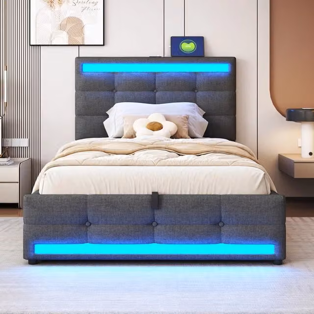 Letto bambini - Xylo - 90x200 cm LED lino grigio