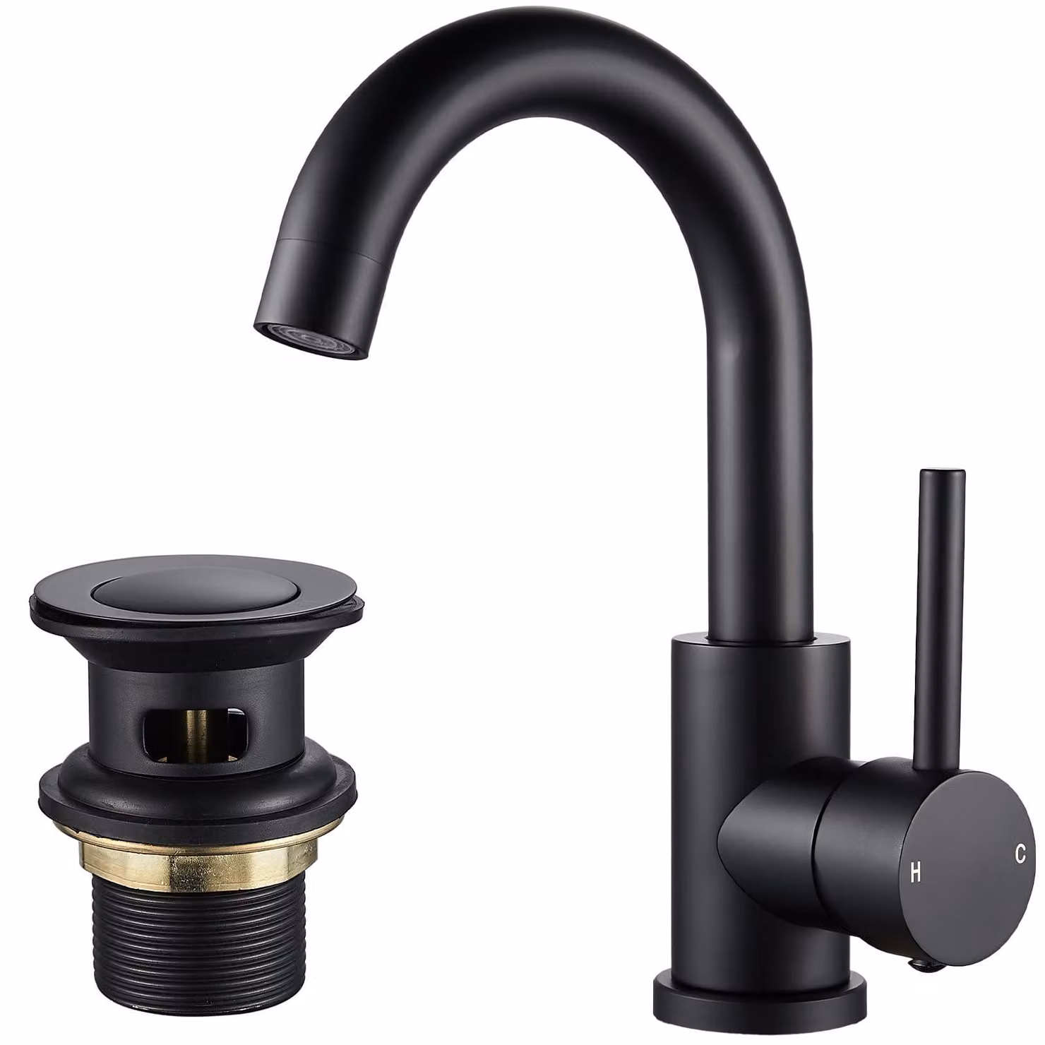 Miscelatore per lavabo, nero, in ottone, girevole a 360°, con tappo a scomparsa