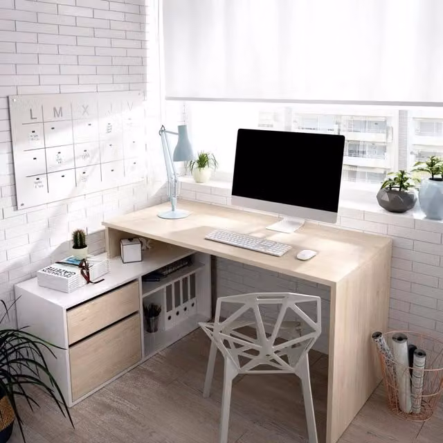 Scrivania angolare DMORA per ufficio o cameretta, Tavolo da studio moderno Bianco e Rovere, L: 139 cm, H: 75 cm