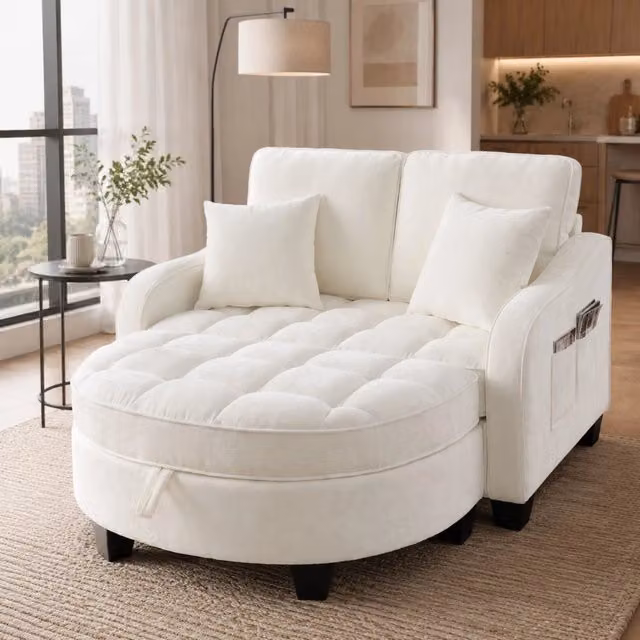 Divano letto 2-in-1 132x129x93 cm beige con pouf contenitore in eucalipto HOMVRA