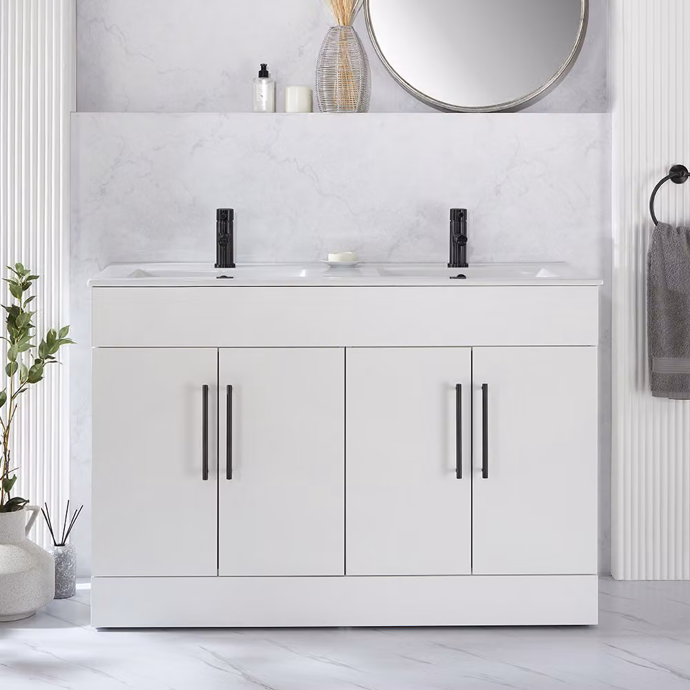 Mobile Bagno a Terra Bianco da 1210mm con Doppio Lavabo e Maniglie Nere con Barra a T - Cluo