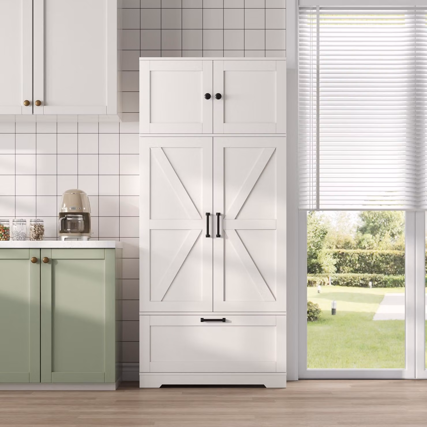 MODFU, armadietto da cucina, mobile alto 80 x 35 x 180 cm, dispensa con ampio spazio di stoccaggio, mobile contenitore con design a X, bianco