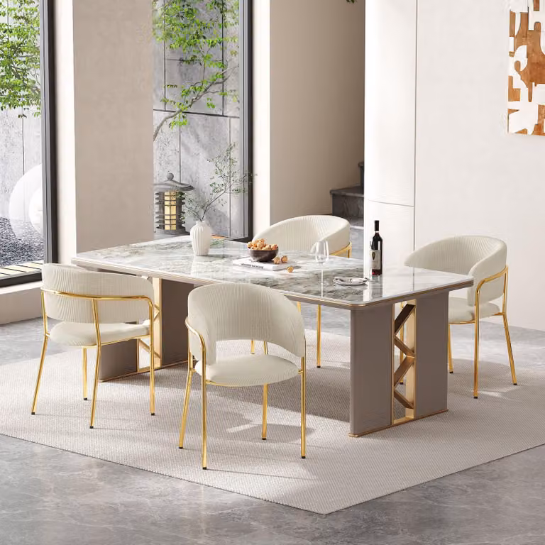 Set di 4 sedie per sala da pranzo Merax, sedia moderna per sala da pranzo con gambe dorate, bracciolo, sedia imbottita in tessuto di corda, sedie da cucina, piedini regolabili, beige
