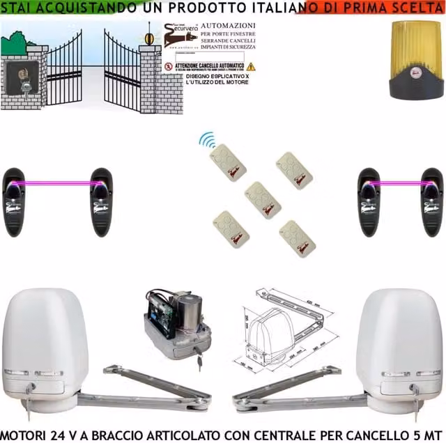 Automatismo Cancello Kit Motori Braccio Articolato 24 V 2 Ante da 0,5 a 2,5 MT Centrale 220/24 V Selettore Faro 2 Coppie di Fotocellule 5 Radiocomandi