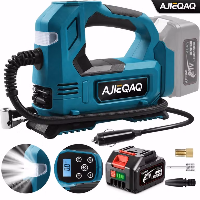 Compressore d'aria portatile a batteria da 21V, 4,0Ah, gonfiatore per pneumatici da 150 PSI con arresto automatico, presa auto da 12V, LED, funzione SOS, adatto per auto, moto e biciclette