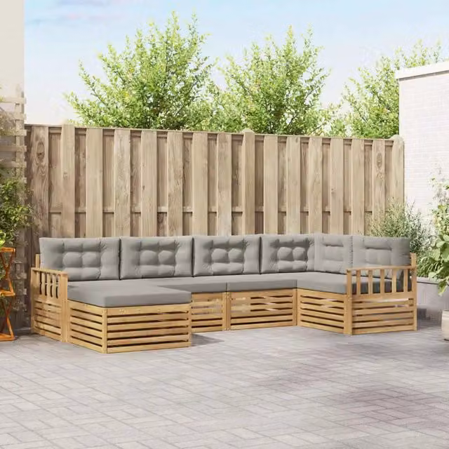 Set di divani da esterno a L vidaXL in legno di acacia con pouf e cuscini, Bianco e Grigio – 1