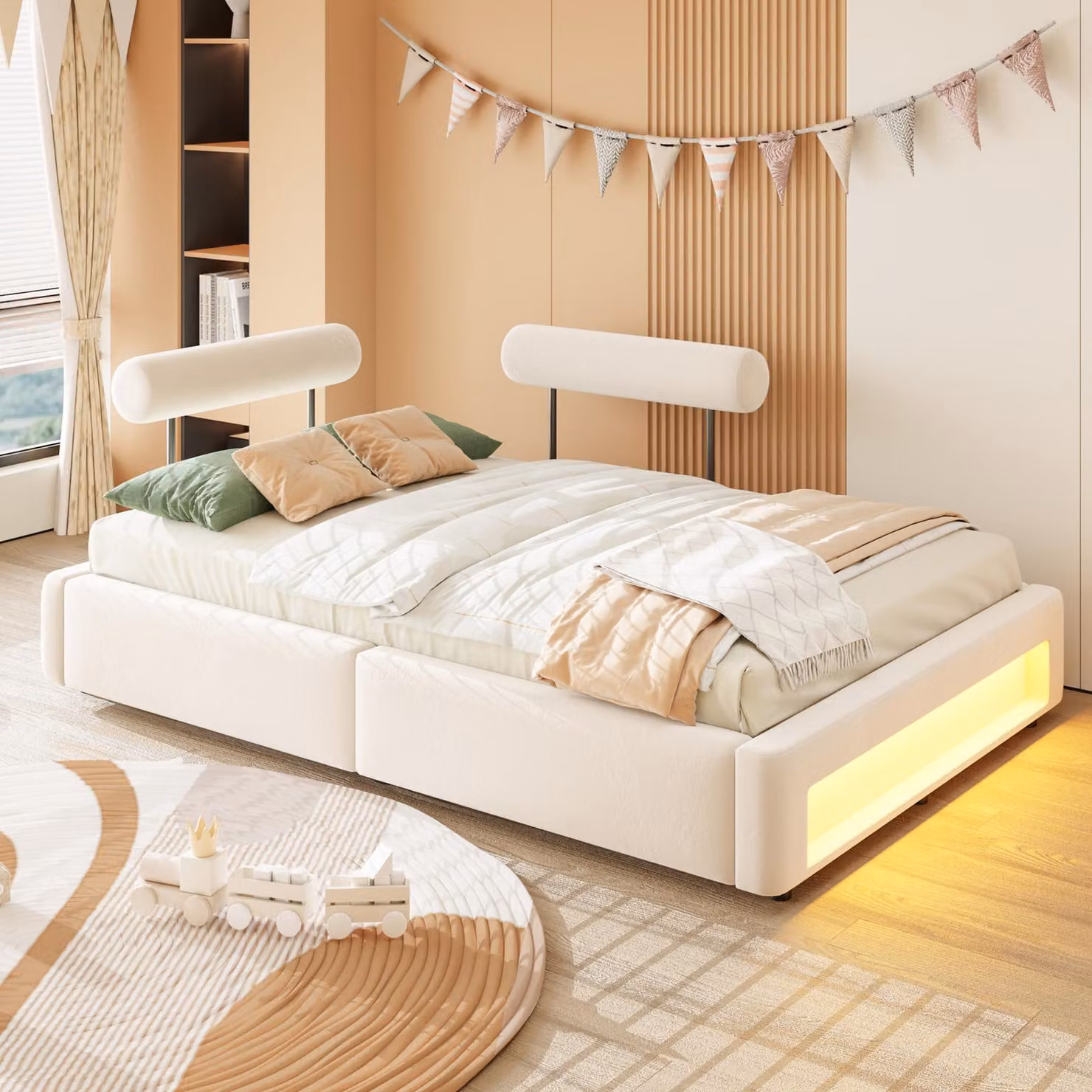 Letto imbottito 140 x 200 cm con due schienali regolabili in quattro posizioni, illuminazione LED nella parte inferiore, 12 listelli, rivestito in velluto, design moderno a piattaforma