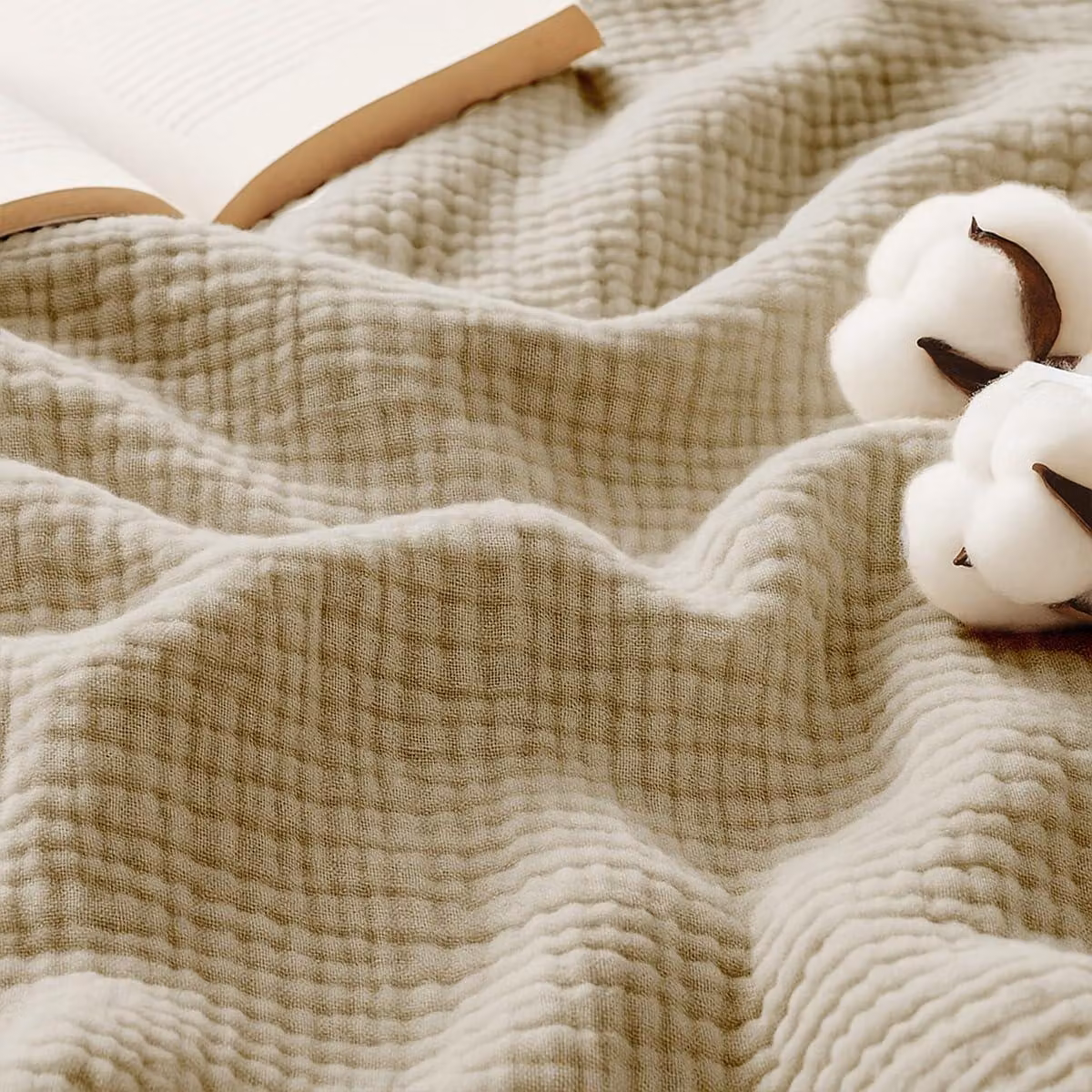 Coperta in mussola, 220x240 cm, a 4 strati, color beige, certificata Oeko-Tex