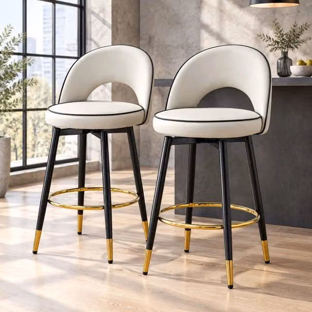 Set da 2 sgabelli da bar MIVRAY girevoli a 360° in ecopelle grigio e bianco con dettagli dorati e struttura in metallo – 1