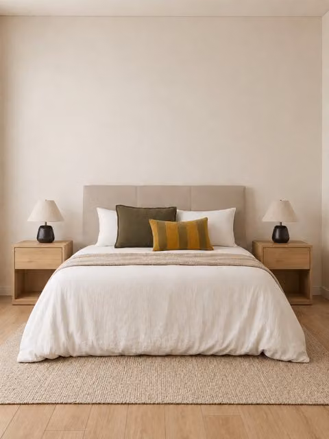 Set di testiere imbottite Ilan perla 150 cm e 2 comodini Hegas naturali Kenay Home
